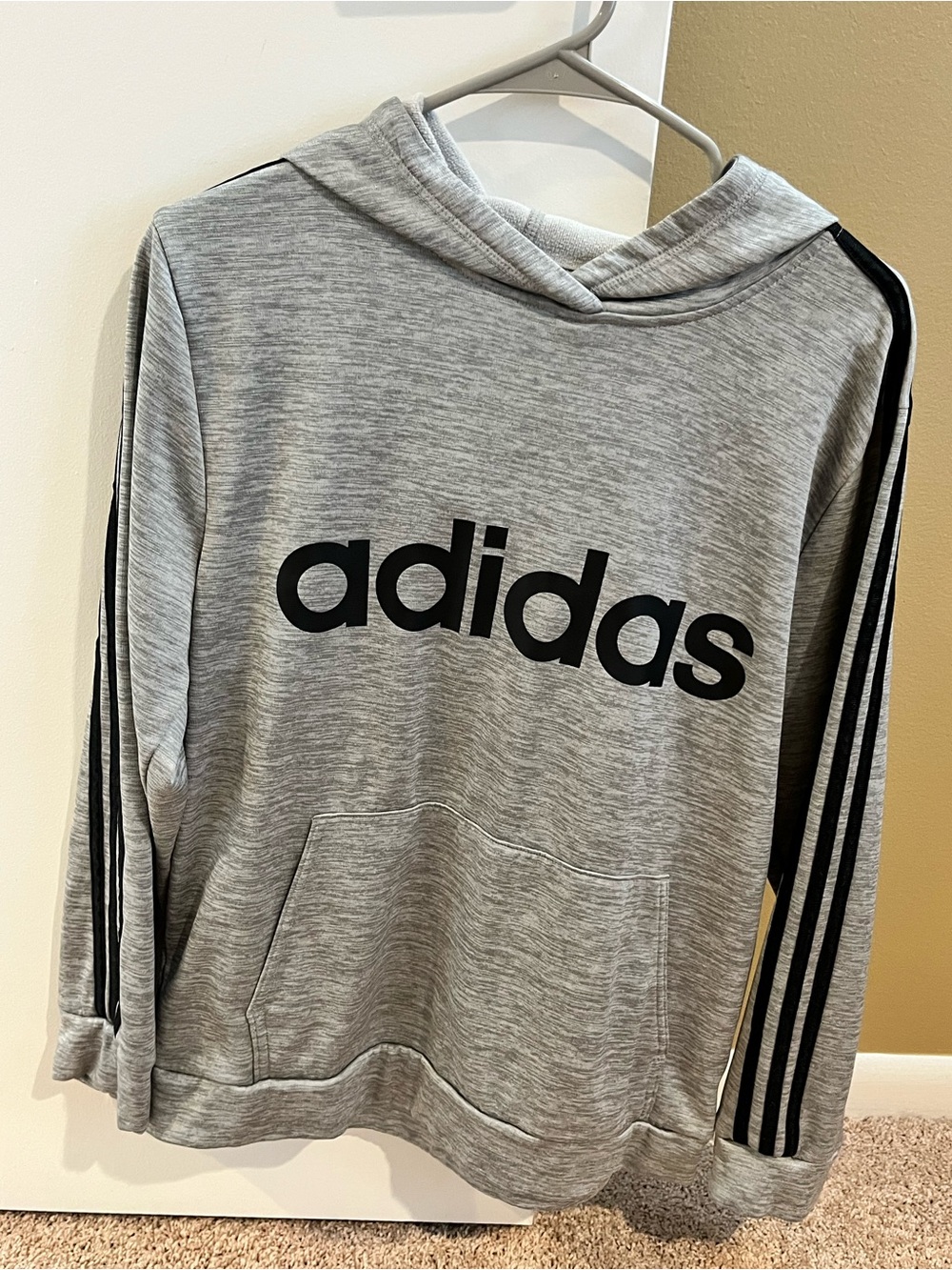 adidas XL Boys Gray Hooded Sweatshirt with Black Logo & Stripes